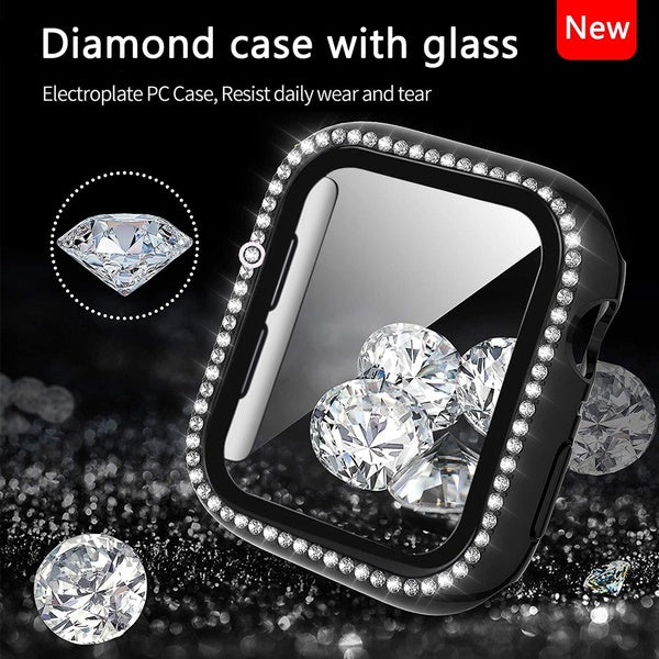 Tempered Glass film with Cover for Apple Watch 8 7 SE 6 5 Case 41 mm 45mm 44mm 40mm 42mm 38mm diamond Screen Protector women girl Accessories case fo