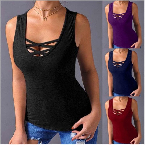 New Women Fashion Cross Strap Vest Sleeveless Blouse Ladies Solid Color Tank Tops Casual Graphic Tee Female Casual Summer Tops T-Shirts