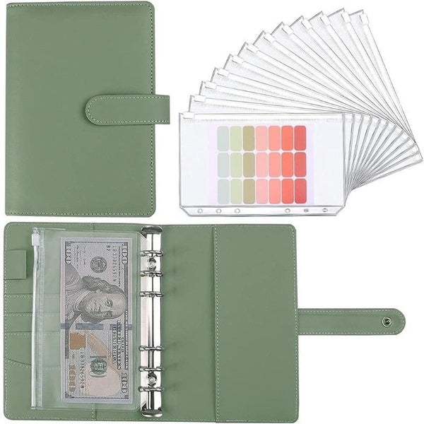 1 Set A6 Budget Binder with Cash Envelopes, PU Leather Notebook Binder with 12pcs A6 Binder Envelopes Pockets & 21pcs Label Stickers