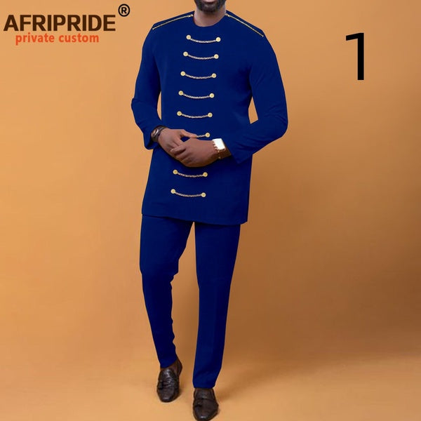 African Men Clothing Zip Blazer and Ankara Pants 2 Piece Set Dashiki Attire Plus Size Outfits with Chain Bazin Riche A2216033