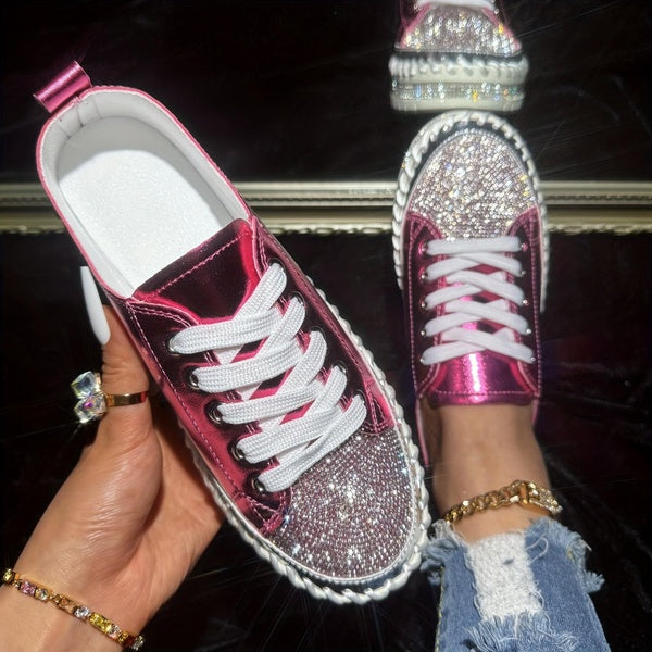 Chic Womens Rhinestone-Embellished Sneakers Casual Lace-Up Flats Versatile Low Tops for Outdoor Wear Small White Shoes Sports Skateboard Shoes