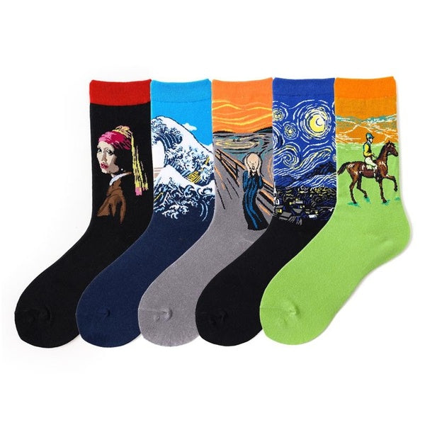 5 Pairs Men's Color Cotton Cocks Oil Painting Pattern Medium Tube Sock Breathable Comfortable Hip Hop Socks