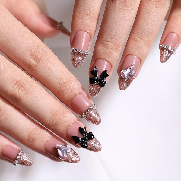 Almond Press on Nails Simple Flower Fake Nails 3D Black Bowknot Rhinestone Love Designs False Nails Glossy Charms Manicure