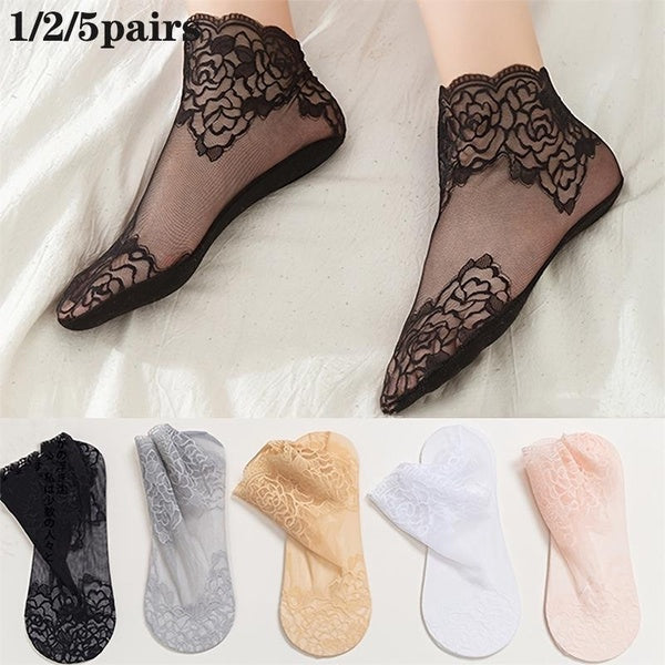 （1-2-5 Pairs）Women's Sock Lace Floral Trim Boat Socks Hidden Socks Fashion Invisible Lace Ankle Socks Women Low Cut Socks Cotton Socks