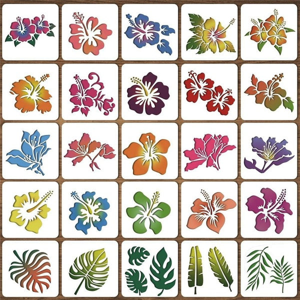 25pcs Hibiscus Stencils Tropical Flower Drawing Templates Hawaii Flowers Palm Leaves Painting Stencils for Wood Wall Canvas Furniture Porch Home Deco