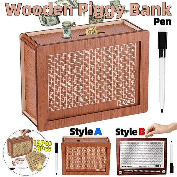 Tirelire en bois faite à la main, boîte d'épargne pour pièces de monnaie, compteur d'objectifs, réutilisable, rétro, personnalisé, boîte de rangement