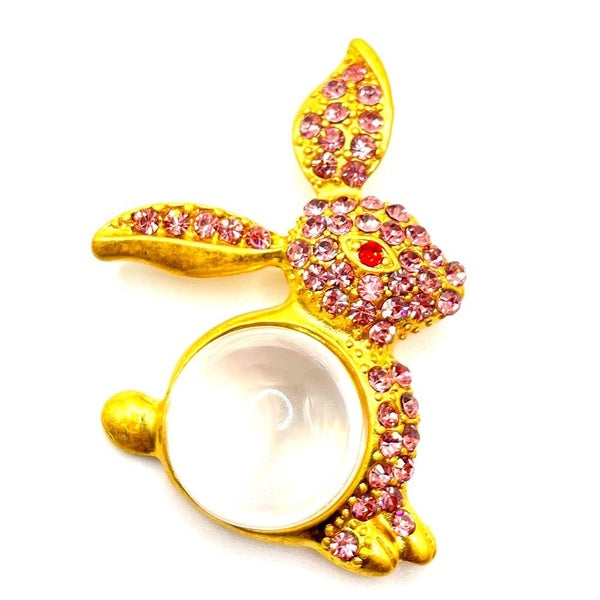 BUNNY RABBIT BROOCH Pink Rhinestone Lucite Bubble Jelly Belly Costume Jewelry