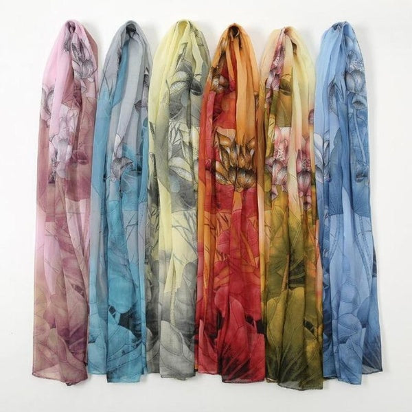 Four Seasons Chiffon Print Colorful Lotus Scarf Shawl Ultra-thin Sun Protection Travel Vacation Beach Scarf Accessories Matron Inn