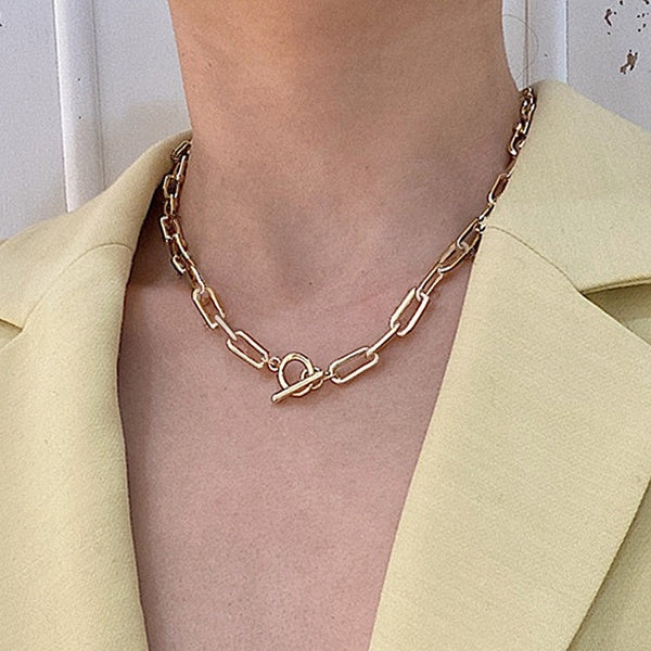 Vintage Thick Chain Toggle Clasp Gold Party Necklaces Mixed Linked Circle Necklaces for Women Simple Choker Necklace Jewelry
