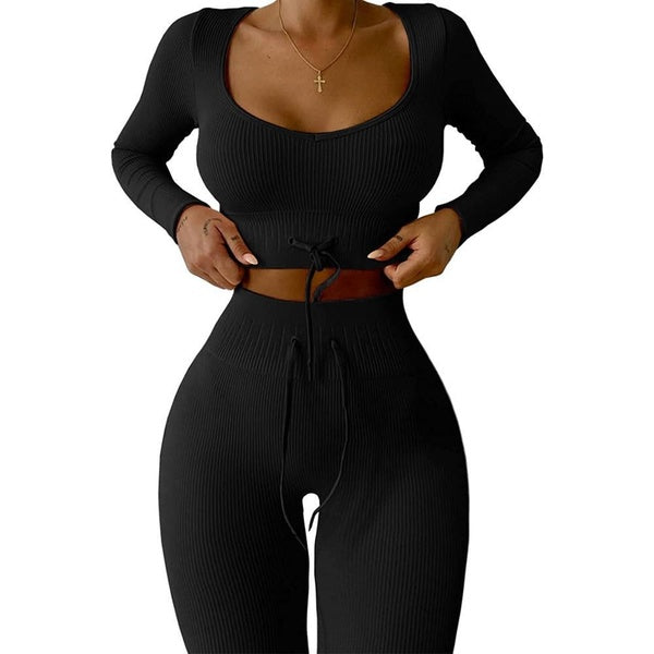 Yoga Sets for Women 2 Piece Seamless Long Sleeve Crop Tops Ribbed High Waist Leggings Female GYM Clothing Fitness Outfit