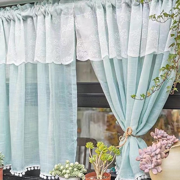 2 Panels Cafe Curtains Green Linen Short Window Curtains With Lace Pom-Pom Design For Small Windows, Kitchen & Bathroom