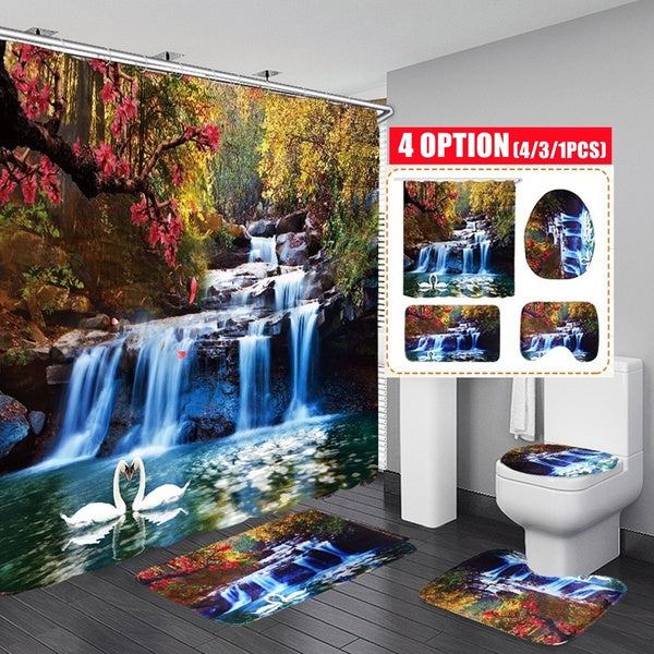 4-3-1Pcs-Set Swans Flowers Cascade Waterproof Shower Curtain Anti-slip Bath Mats Carpets Pedestal Rugs Toilet Seat Cover Bathroom Set