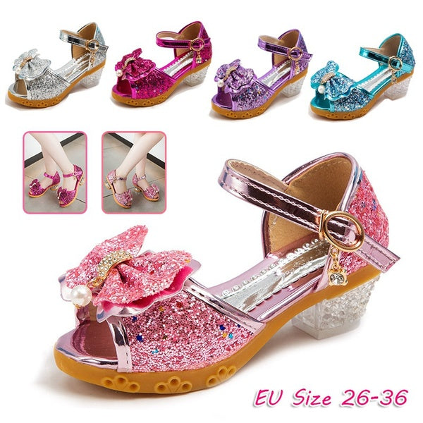 Girls High Heel Princess Shoes Girls Sandals Rhinestone Butterfly Latin Dance Kids Shoes Glitter Leather Party Children's Wedding Shoes 26-36