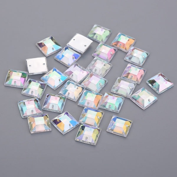 AB Crystal Color 10mm Square Glitter Crystal Sew on Acrylic Rhinestone Flatback Crystal Beads For DIY Doll Clothes Jewelry
