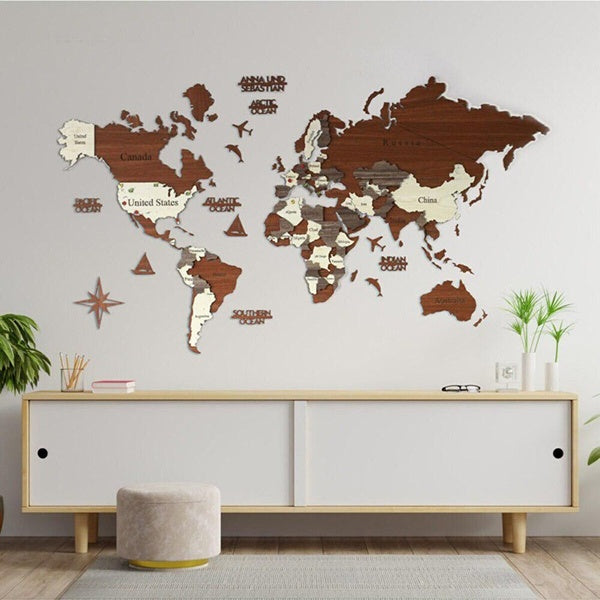 3D Wooden World Map Decorative Hotel Office Living Room Wooden Wall Decor Europe Asian Continents