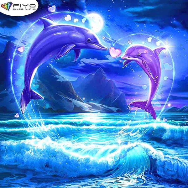 FIYO Jumping Dolphins Diamond Painting Kits For Adults DIY 5D Diamond Mosaic Diamond Painting Home and Kitchen Fashion Canvas Pictures Wall Decoratio