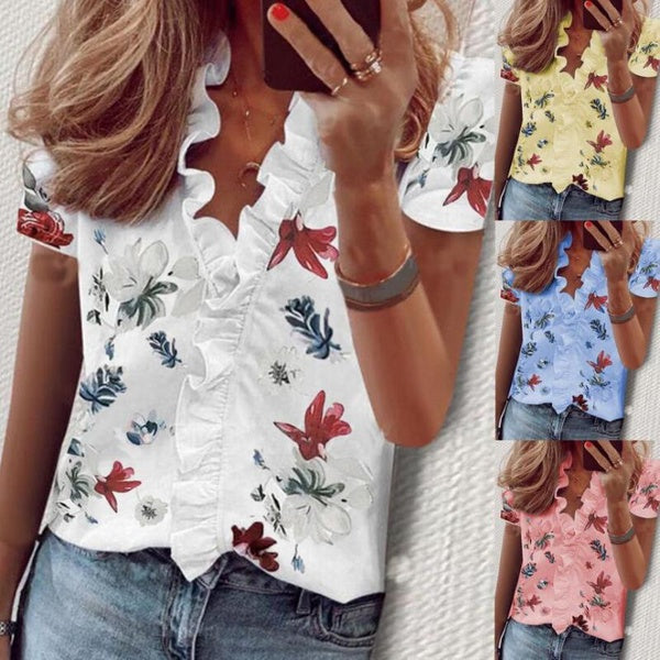New Summer Fashion Women Casual Short Sleeve Tops Blouse Loose T-shirts V-neck Floral Print Shirts Ladies Chiffon Blouses Plus Size S-5XL