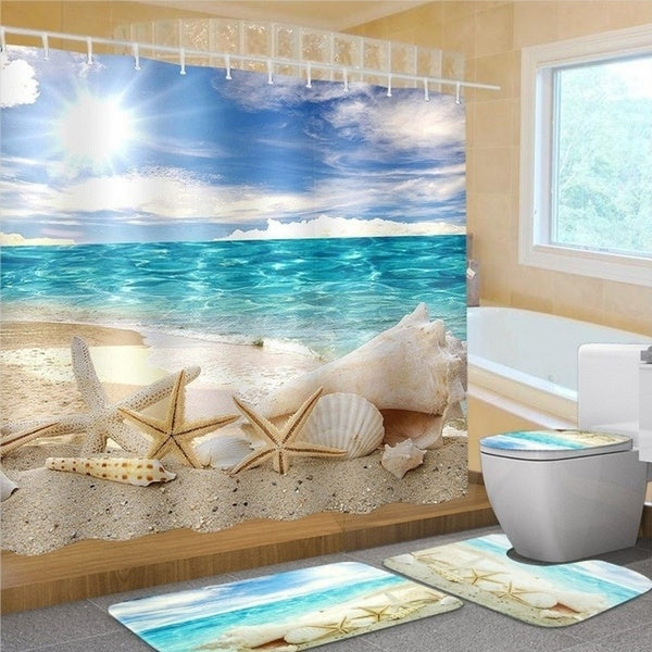 Bathroom Washroom Beach Seashell Shower Curtain Anti-Slip Toilet Mats Set Mildew-proof Waterproof Shower Curtain + Bathroom Pedestal Rug + Lid Toilet