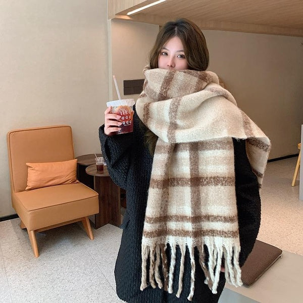 New Korean Style Plaid Check Thickened Warm Scarf Women's Winter Soft Scarf Tassel Shawl Scarf Long Blanket Scarves