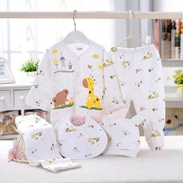 5pcs Baby Set Newborn Baby Boy Girls Cute Print Cotton Clothes Sets Sleepwear Cartoon Tops Long Pants 0-3 Month