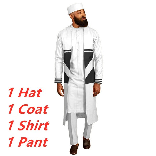 Men`s Suit Long Coats Dashiki Shirts Ankara Pants Traditional Hat 4 piece Set African Clothing Attire Wear