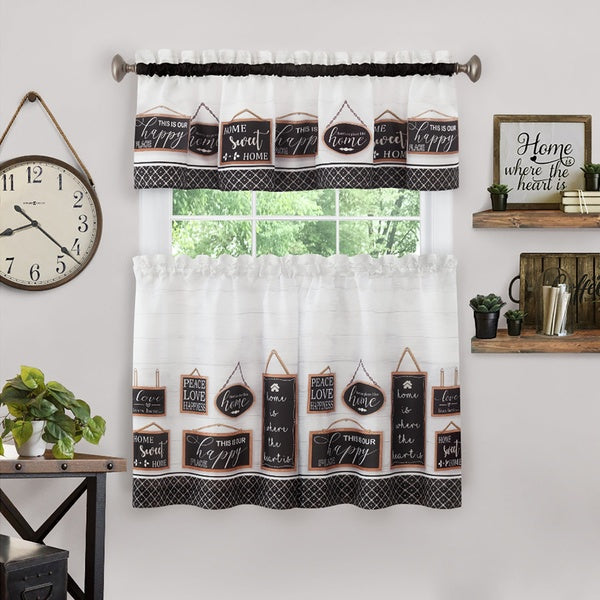 Modern Farmhouse Kitchen Curtain Tier and Valance Set, Black, Tier 58x36 Inches, Valance 58x13 Inches