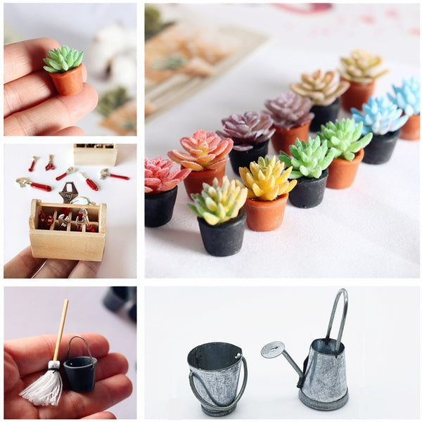 Dollhouse Mini Succulents-Watering Can-Hammer Wrench Toolbox-Broom-Mop 1:12 Scale Miniatures Collection Kids Toy