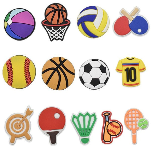 12pcs Sports Basketball Football Volleyball Croc Charmes PVC Chaussure Charmes DIY Bracelets Sac À Dos Décoration Accessoires Boucle Clog Croc Jibz