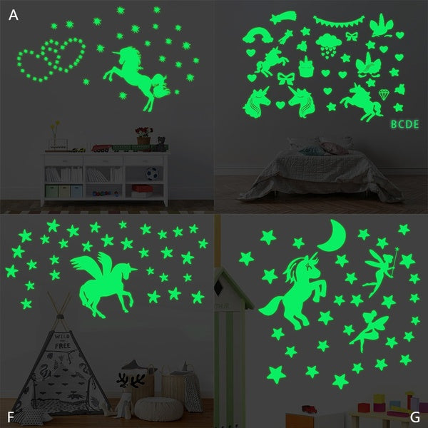 DIY Luminous Unicorn Wall Sticker Luminous Angel Dinosaur Undersea World Whale Sticker Butterfly Cat Star Moon Wall Paper for Bedroom Decor Wall Stic