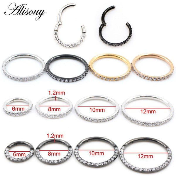 Alisouy 1pc cristal Zircon Cartilage boucle d'oreille 316L chirurgical en acier inoxydable Septum Clicker nez anneaux cerceau Segment anneaux Piercin
