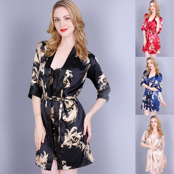 Women's 2 Pcs Soft Silk Dragon Pattern Pajamas Set Female Noble and Elegant Satin Pj Sets Sleepwear Cami Nightwear with Robe（4 Colors）