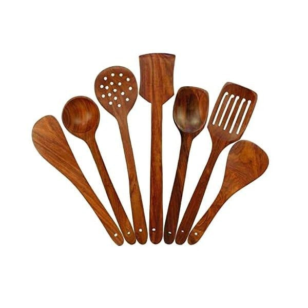 Simran Handicrafts Wooden Serving And Cooking Spoons Wood Brown Spoons Kitchen Utensil Set Of 7 - 8.3 Cm