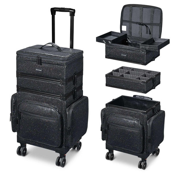 Byootique 3in1 Soft Sided Rolling Makeup Case Cosmetic With Removable Divider For Makeup Artist Nail Artist Glitter Silver-Black