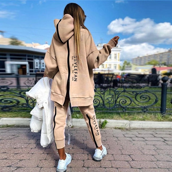 Women's Tracksuit Streetwear Running Sportswear Backwards Zipper Long Hoodies+Long Pant 2 Pice Set Autumn Winter Female Clothing