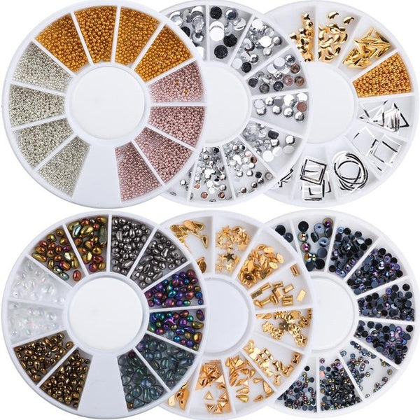 1PC Nail Art Jewelry 12 Grid Disc Series Set Hollow Alloy Natural Crushed Stone Rivet Rhinestone Symphony Pearl Mixed