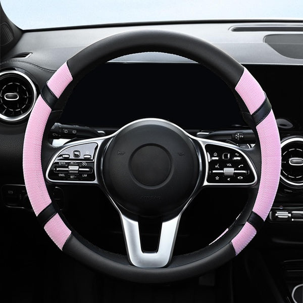 Car Steering Wheel Cover Leather + Ice Silk for 38cm Wheel Protector Breathable Non-slip Car Interior Accessories