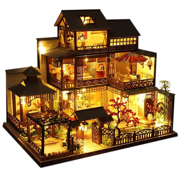 DIY Japanese Villa Dollhouse With Furniture LED Light Kits Miniature Dolls House Wooden Handmade Building Model Puzzle Toy Gift