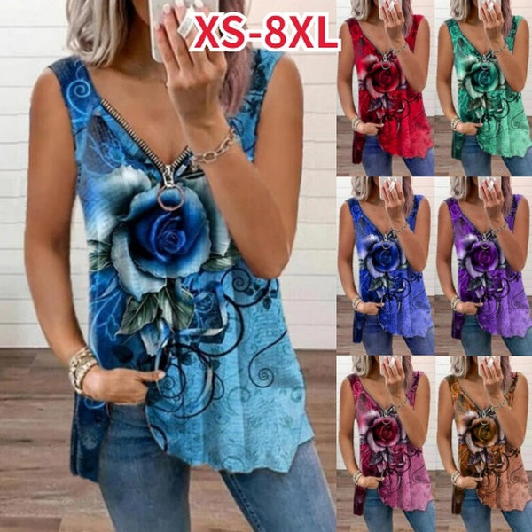Women's T-shirt XS-8XL Summer New Fashion Women's Rose Flower Printed Graphic T-Shirt Deep V-neck Zipper Tank Tops Sleeveless Blouse Loose Soft and C