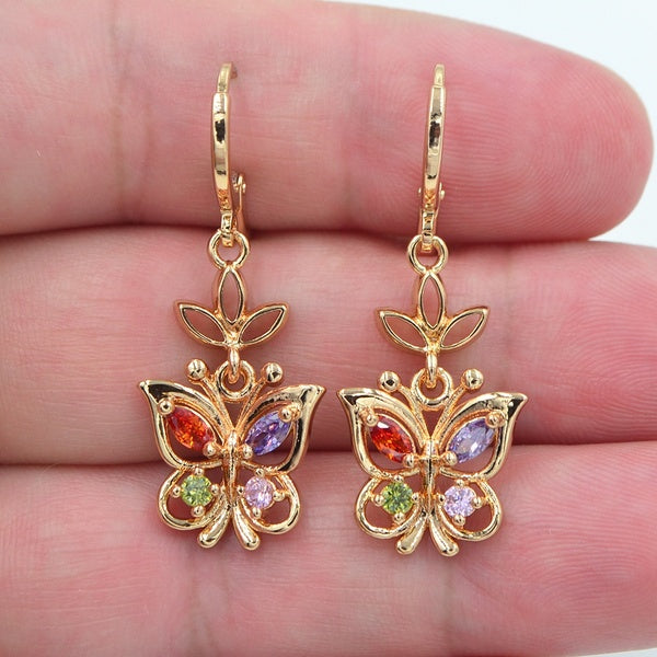 Boucles d'oreilles pendantes papillon multicolores en zircone cubique CZ pour femmes