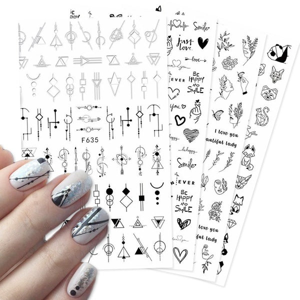 3D Nail Stickers Black Lines Geometric Leaves Heart Nail Design Adhesive Sliders for Manicure Decoration Art Decals CHF634-643