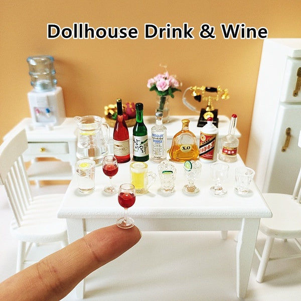 3Pcs Dollhouse Miniatures Mini Red Wine-White Wine-Beer & Glasses Water-Drink-Milk Bottle 1:12 Scale Doll House Accessories Resin Kids Toy