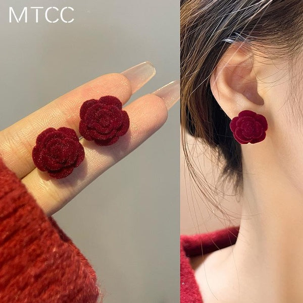 Vintage Flocked Rose Stud Earrings For Women Elegant Wine Red Fairy Beauty Flower Earring Jewelry
