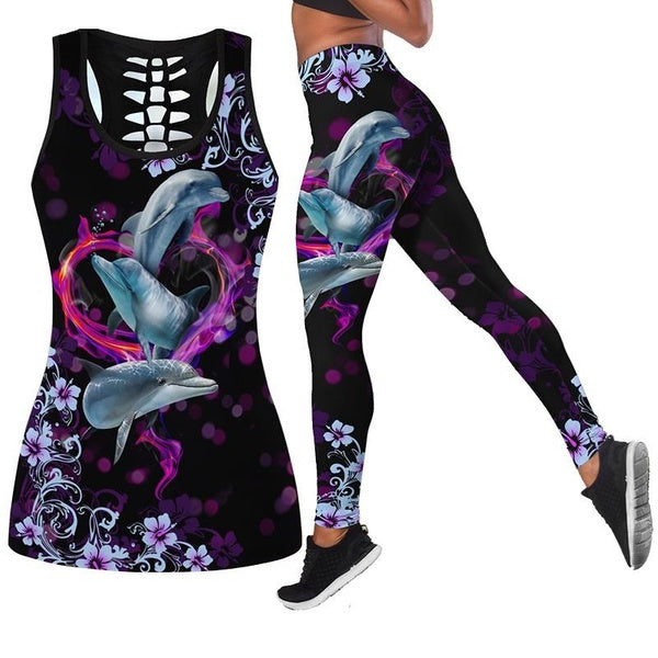 New Fashion Women's Harajuku Yoga Tank Top Set Sea Animal Whale Turtle Dolphin3D Printed Yoga Set Plus Size Yoga Tank Top Bottom Set