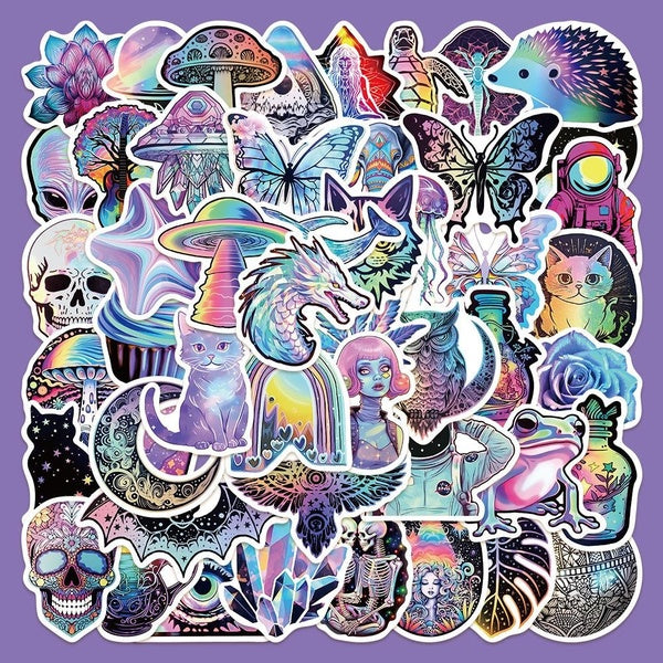 10-50pcs Cool Cartoon Laser Holographic Trippy Skull Stickers For Laptop Phone Guitar Luggage Diary Waterproof Graffiti Stickers