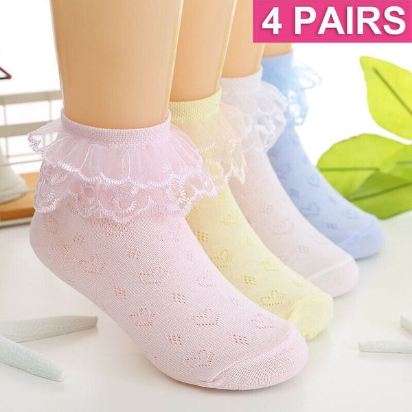 4 Pairs Girls Lace Ruffle Frilly Princess Ankle Short Socks Mesh Cotton Socks Kids