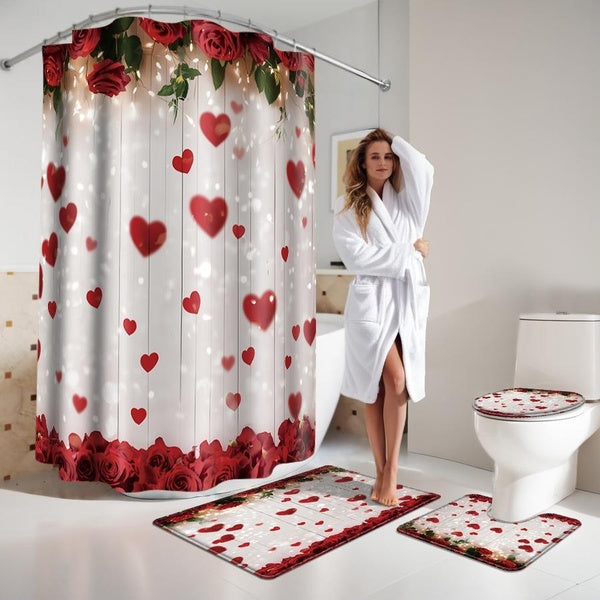 1pc-3pcs-4pcs Rose Print Waterproof Shower Curtain Non-slip Bath Mat Toilet Seat Cover Mat Pedestal Rug Bathroom Set Decoration Home Decor
