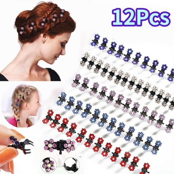 12PCS Mini Sweet Rhinestone No-Slip Grips Hair Claws Clips for Women Girls Kids Glitter Teeth Metal Clamps Flower Shaped Hair Accessories