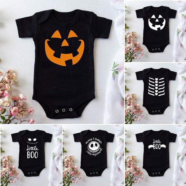 Newborn Baby Boy Girl Jumpsuit Romper Halloween Pumpkin Head Skeleton Bat Funny Cartoon Print Cotton Romper Bodysuits Toddler Infant Clothes Outfits