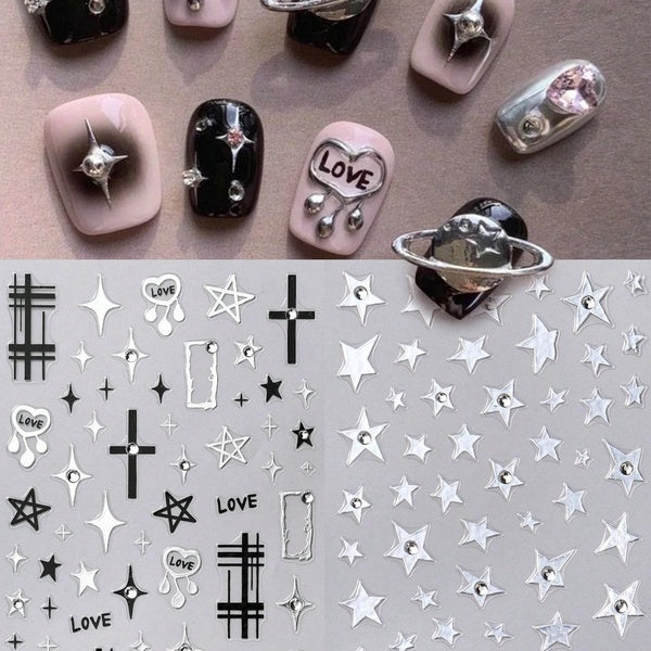 Metallic Silver Star Nail Art Stickers Y2K Irregular Pentagram Cross Flowing Heart Japanese Design Punk Self Adhesive Sliders Nail Decorations