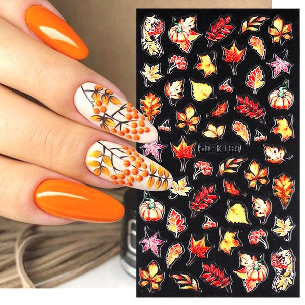 Autumn Maple Nail Sticker 5D Embossed Slider Golden Leaf Pumpkin Rose Butterfly Design Nail Art Decoration Manicure BE5DK178-180
